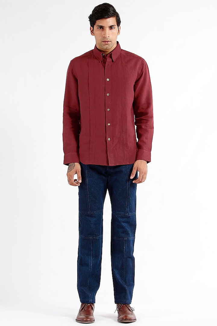 Maroon Pleated Summer Shirt With Shell Buttons by Dhatu Design Studio at Pernia's Pop Up Shop