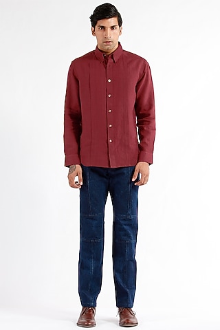 Maroon Pleated Shirt With Shell Buttons by Dhatu Design Studio