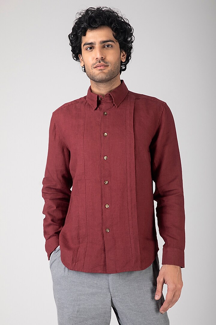 Maroon Pleated Summer Shirt With Shell Buttons by Dhatu Design Studio at Pernia's Pop Up Shop