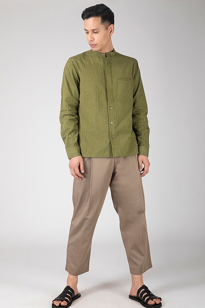 Olive Green Band Collared Summer Shirt by Dhatu Design Studio at Pernia's Pop Up Shop