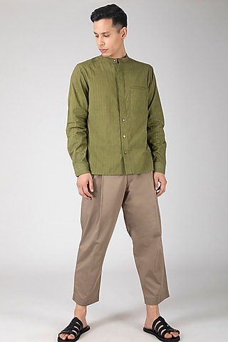 Olive Green Band Collared Shirt by Dhatu Design Studio