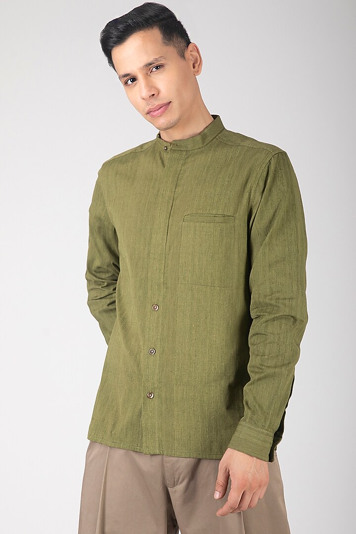 Olive Green Band Collared Summer Shirt by Dhatu Design Studio at Pernia's Pop Up Shop
