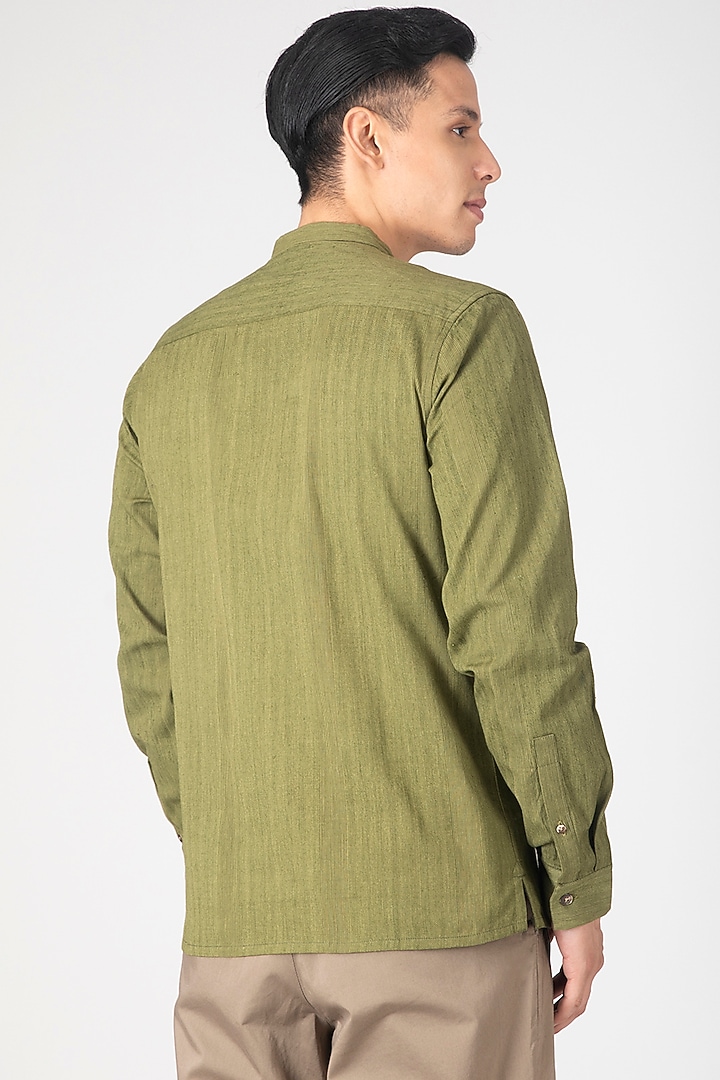 Olive Green Band Collared Summer Shirt by Dhatu Design Studio at Pernia's Pop Up Shop