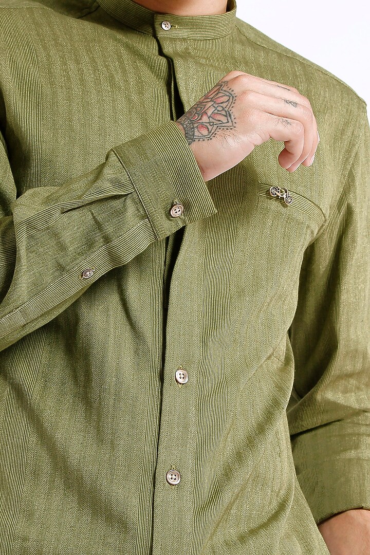 Olive Green Band Collared Summer Shirt by Dhatu Design Studio at Pernia's Pop Up Shop