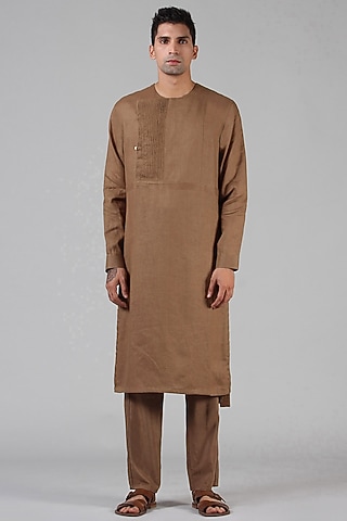 Bronze Pure Hemp Angrakha Kurta by Dhatu Design Studio