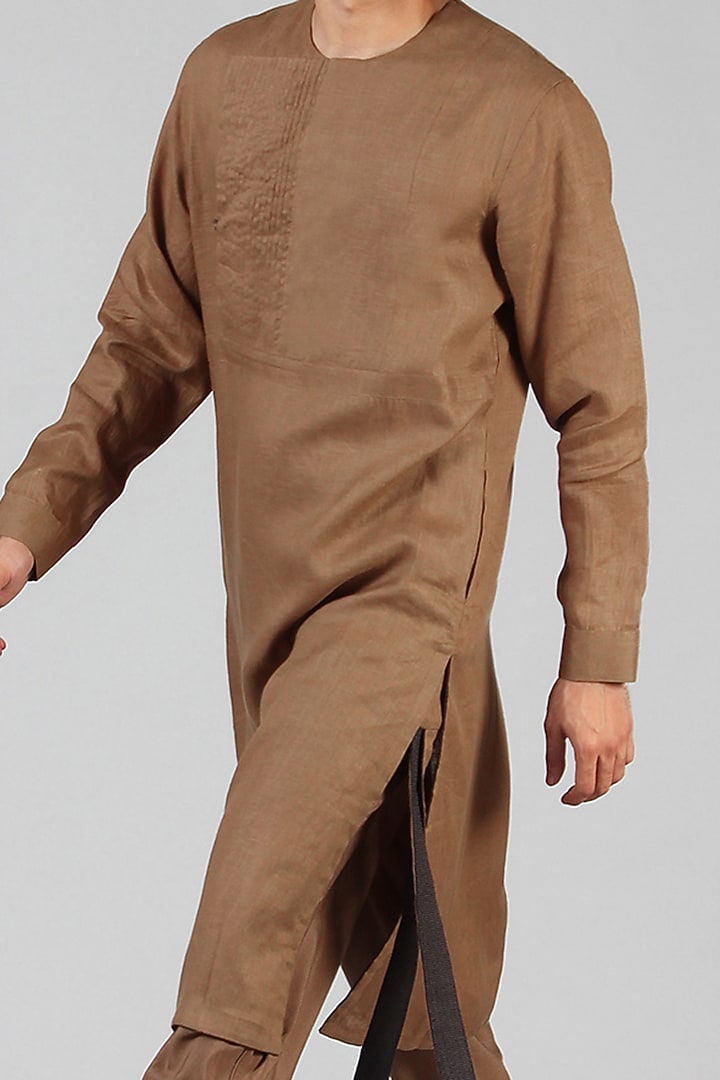 Bronze Pure Hemp Angrakha Kurta by Dhatu Design Studio at Pernia's Pop Up Shop
