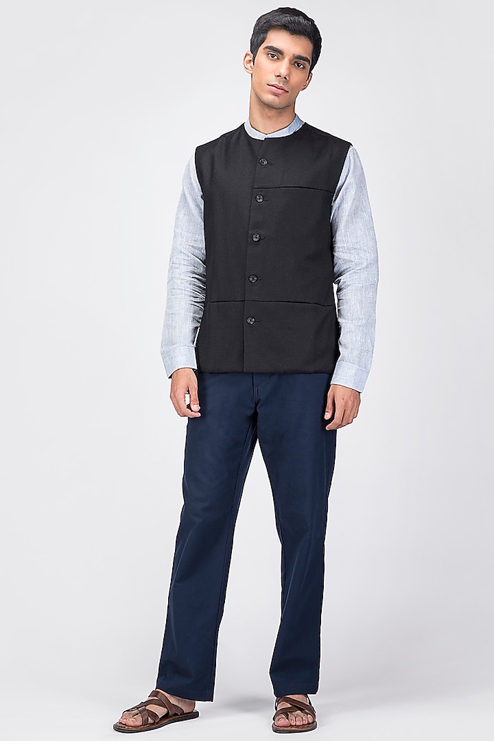 Black Fine Merino Wool Asymmetrical Waistcoat by Dhatu Design Studio