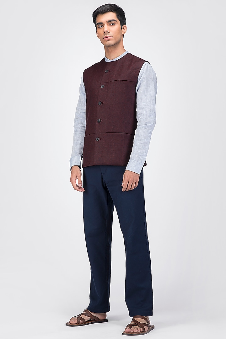 Maroon Fine Merino Wool Asymmetrical Waistcoat by Dhatu Design Studio