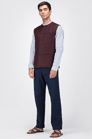 Maroon Fine Merino Wool Asymmetrical Waistcoat by Dhatu Design Studio