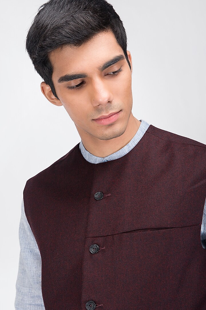 Maroon Fine Merino Wool Asymmetrical Waistcoat by Dhatu Design Studio at Pernia's Pop Up Shop