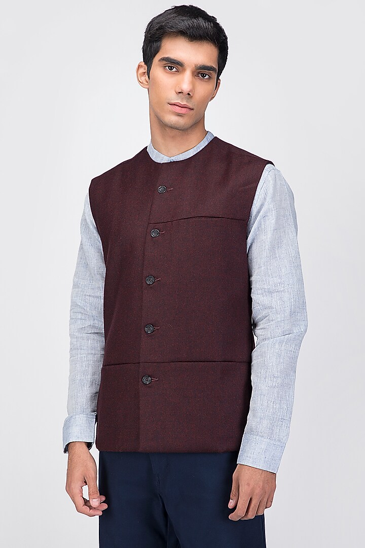 Maroon Fine Merino Wool Asymmetrical Waistcoat by Dhatu Design Studio at Pernia's Pop Up Shop