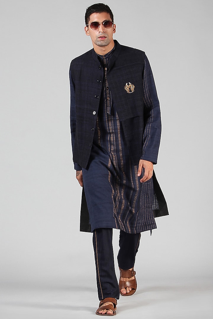 Navy Blue Hand Embroidered Waistcoat by Dhatu Design Studio
