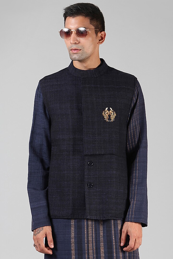 Navy Blue Hand Embroidered Waistcoat by Dhatu Design Studio at Pernia's Pop Up Shop