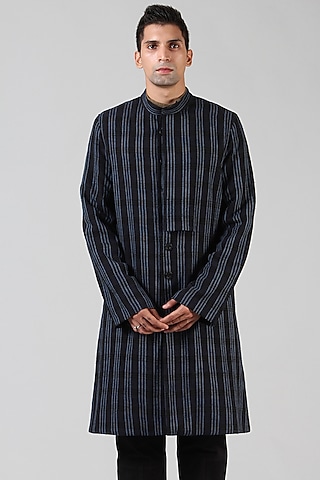Navy Blue Handloom Ahimsa Silk Long Jacket by Dhatu Design Studio