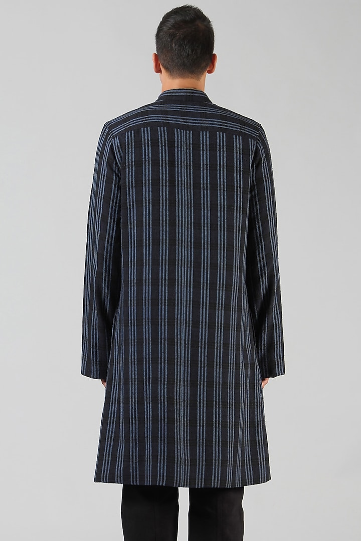 Navy Blue Handloom Ahimsa Silk Long Jacket by Dhatu Design Studio at Pernia's Pop Up Shop