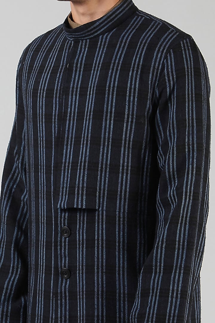 Navy Blue Handloom Ahimsa Silk Long Jacket by Dhatu Design Studio at Pernia's Pop Up Shop