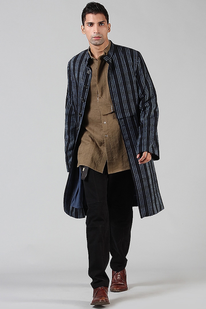 Navy Blue Handloom Ahimsa Silk Long Jacket by Dhatu Design Studio at Pernia's Pop Up Shop
