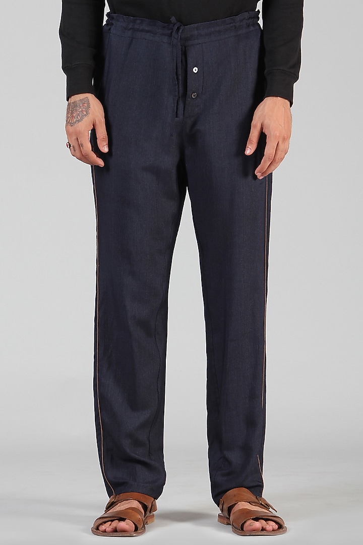 Navy Blue Cotton Silk Pajama Pants by Dhatu Design Studio at Pernia's Pop Up Shop