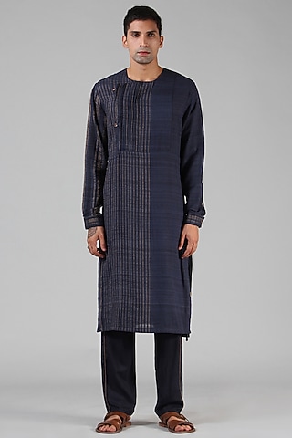 Navy Blue Striped Angrakha Kurta by Dhatu Design Studio