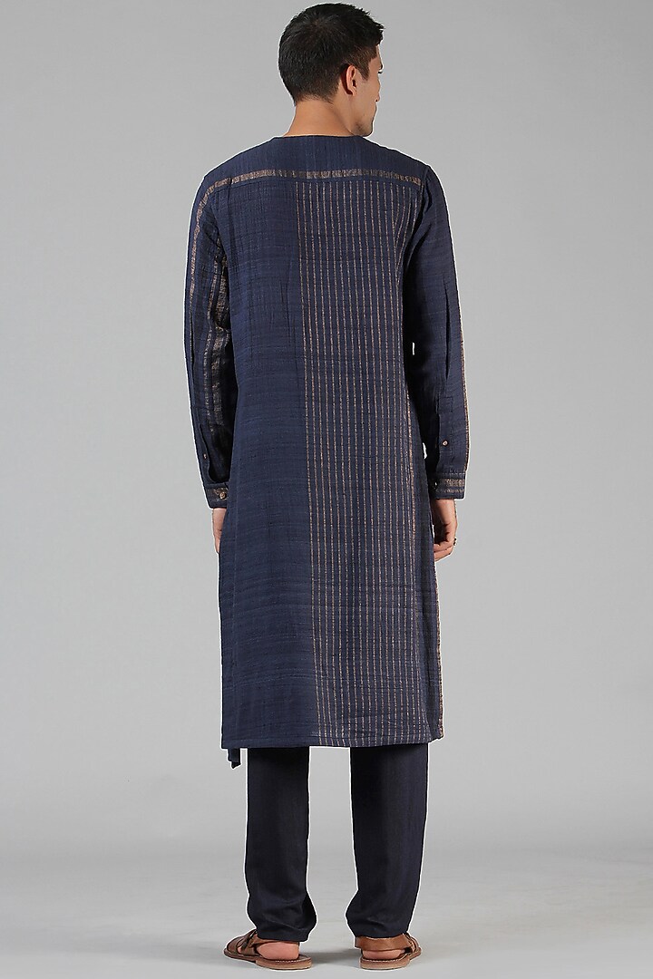 Navy Blue Striped Angrakha Kurta by Dhatu Design Studio at Pernia's Pop Up Shop