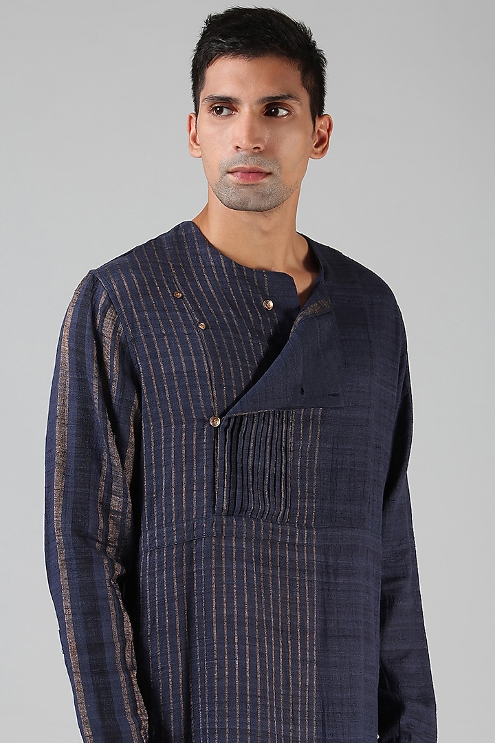 Navy Blue Striped Angrakha Kurta by Dhatu Design Studio at Pernia's Pop Up Shop