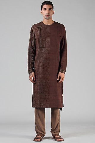 Chestnut Brown Striped Angrakha Kurta by Dhatu Design Studio