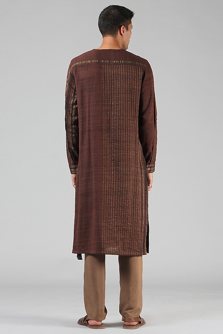 Chestnut Brown Striped Angrakha Kurta by Dhatu Design Studio at Pernia's Pop Up Shop
