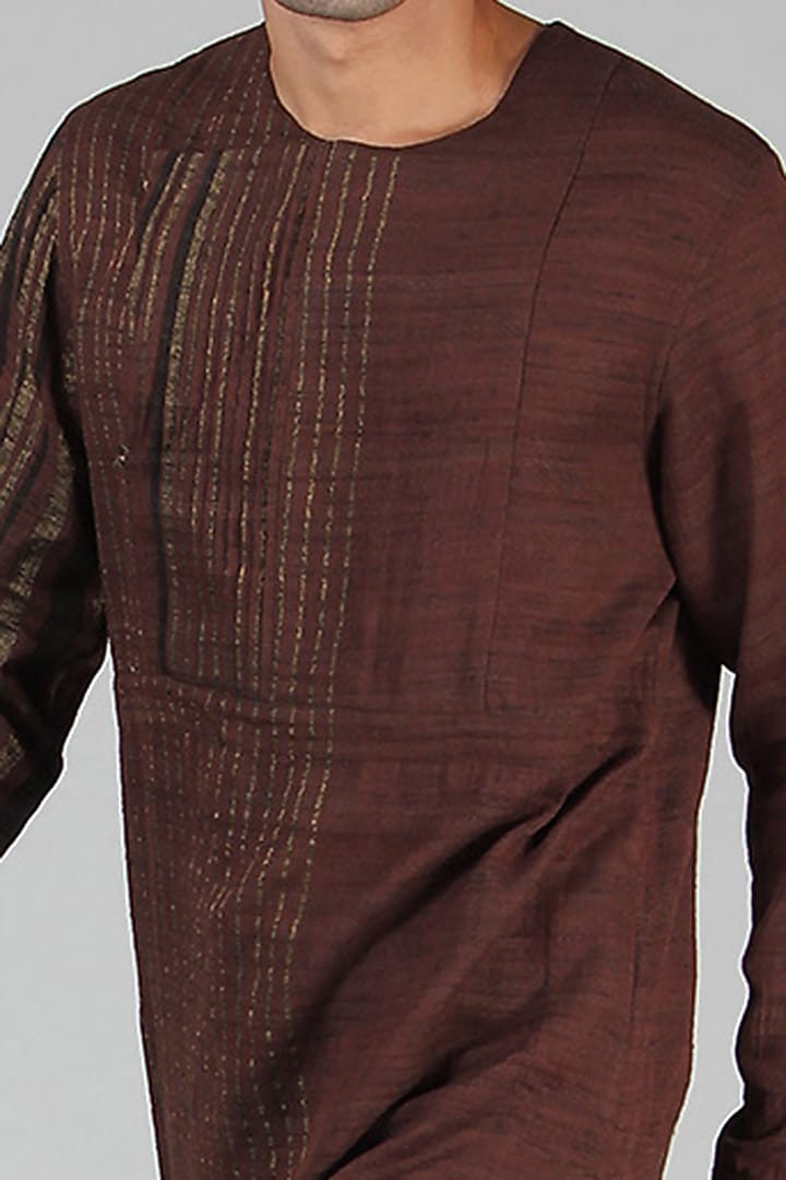 Chestnut Brown Striped Angrakha Kurta by Dhatu Design Studio at Pernia's Pop Up Shop