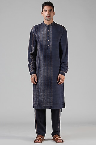 Navy Blue Striped Kurta by Dhatu Design Studio