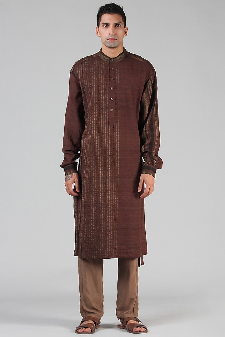 Chestnut Brown Striped Kurta by Dhatu Design Studio