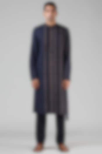 Navy Blue Striped Long Kurta by Dhatu Design Studio