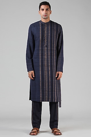Navy Blue Striped Long Kurta by Dhatu Design Studio