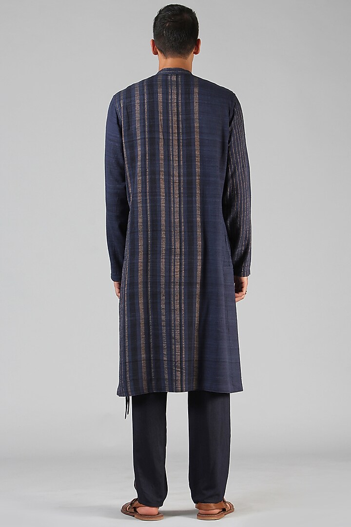 Navy Blue Striped Long Kurta by Dhatu Design Studio at Pernia's Pop Up Shop