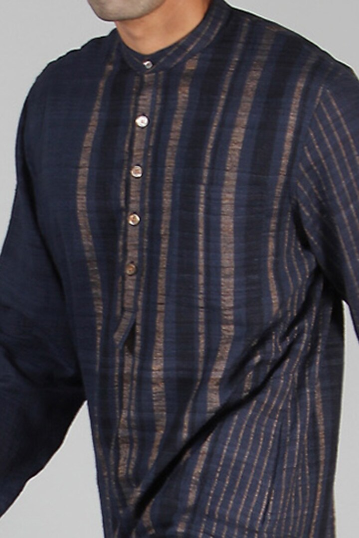Navy Blue Striped Long Kurta by Dhatu Design Studio at Pernia's Pop Up Shop