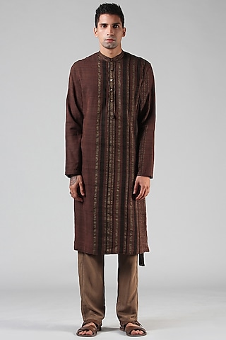 Chestnut Brown Striped Long Kurta by Dhatu Design Studio