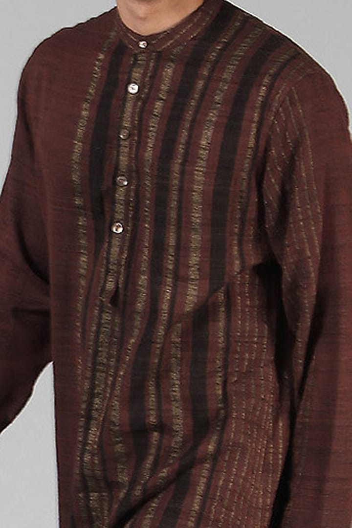Chestnut Brown Striped Long Kurta by Dhatu Design Studio at Pernia's Pop Up Shop