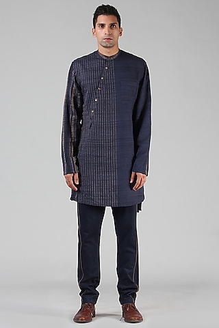 Navy Blue Striped Asymmetrical Kurta by Dhatu Design Studio