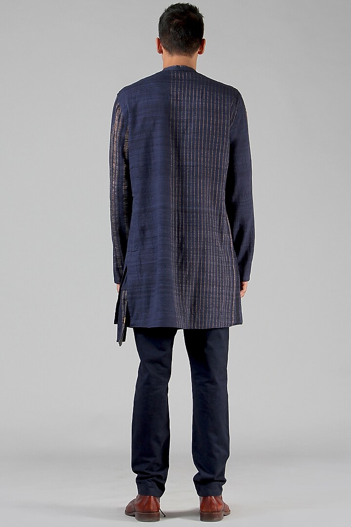 Navy Blue Striped Asymmetrical Kurta by Dhatu Design Studio at Pernia's Pop Up Shop