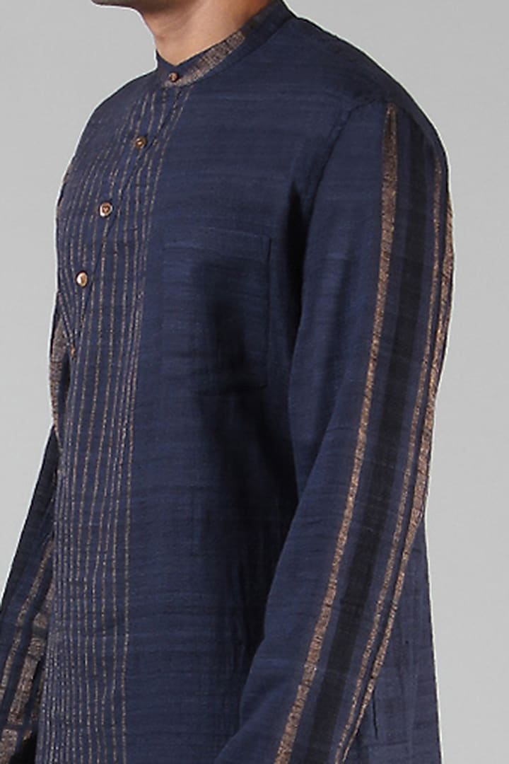 Navy Blue Striped Asymmetrical Kurta by Dhatu Design Studio at Pernia's Pop Up Shop