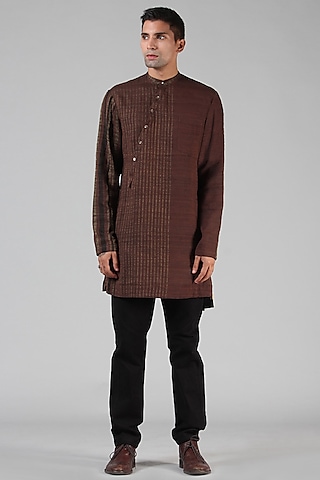 Chestnut Brown Striped Asymmetrical Kurta by Dhatu Design Studio
