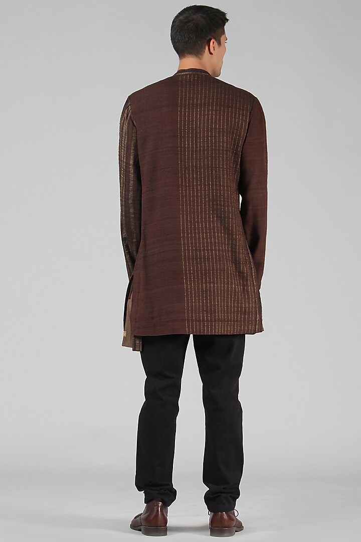 Chestnut Brown Striped Asymmetrical Kurta by Dhatu Design Studio at Pernia's Pop Up Shop