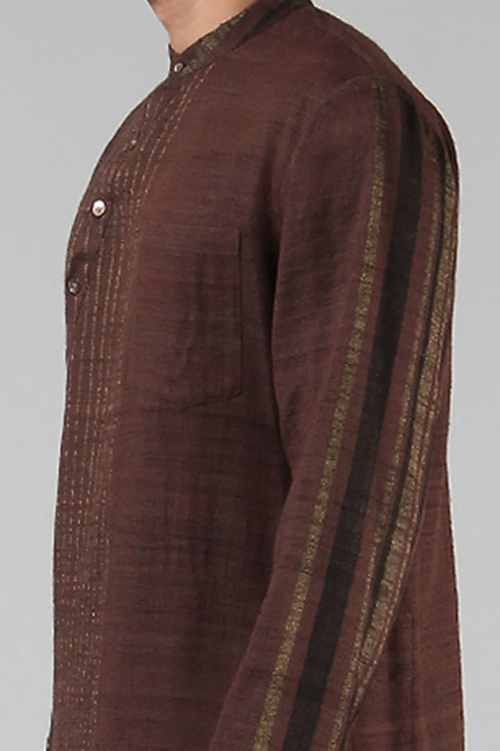 Chestnut Brown Striped Asymmetrical Kurta by Dhatu Design Studio at Pernia's Pop Up Shop