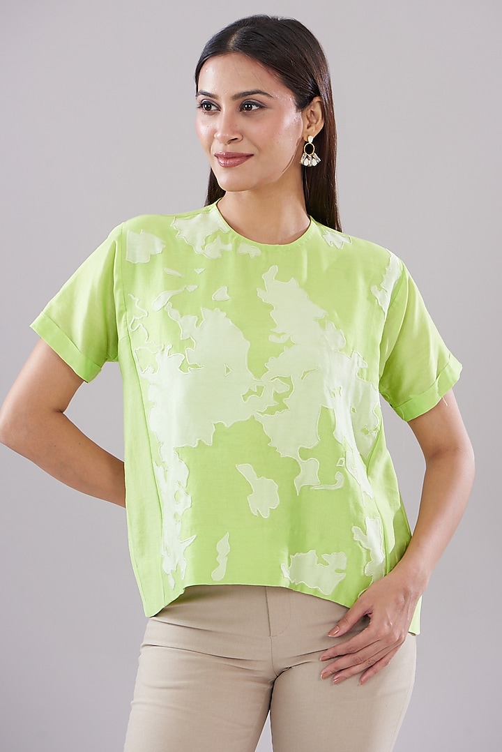 Green Chanderi Patchwork Top by DHI