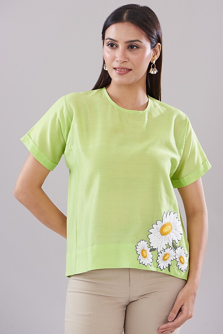 Green Chanderi Printed Top by DHI
