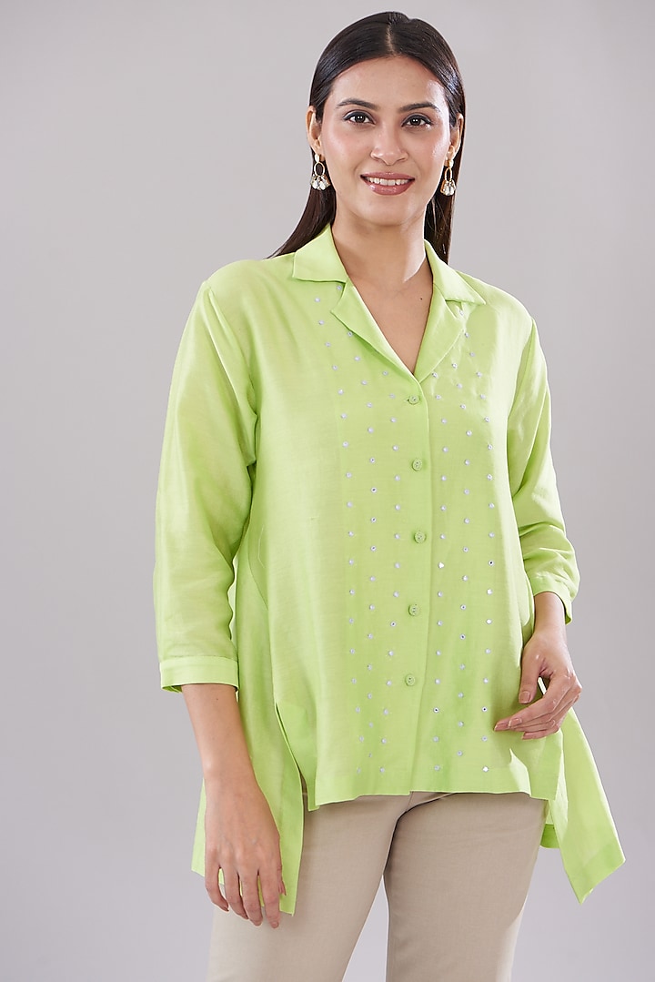 Green Chanderi Embroidered Asymmetrical Shirt by DHI at Pernia's Pop Up Shop