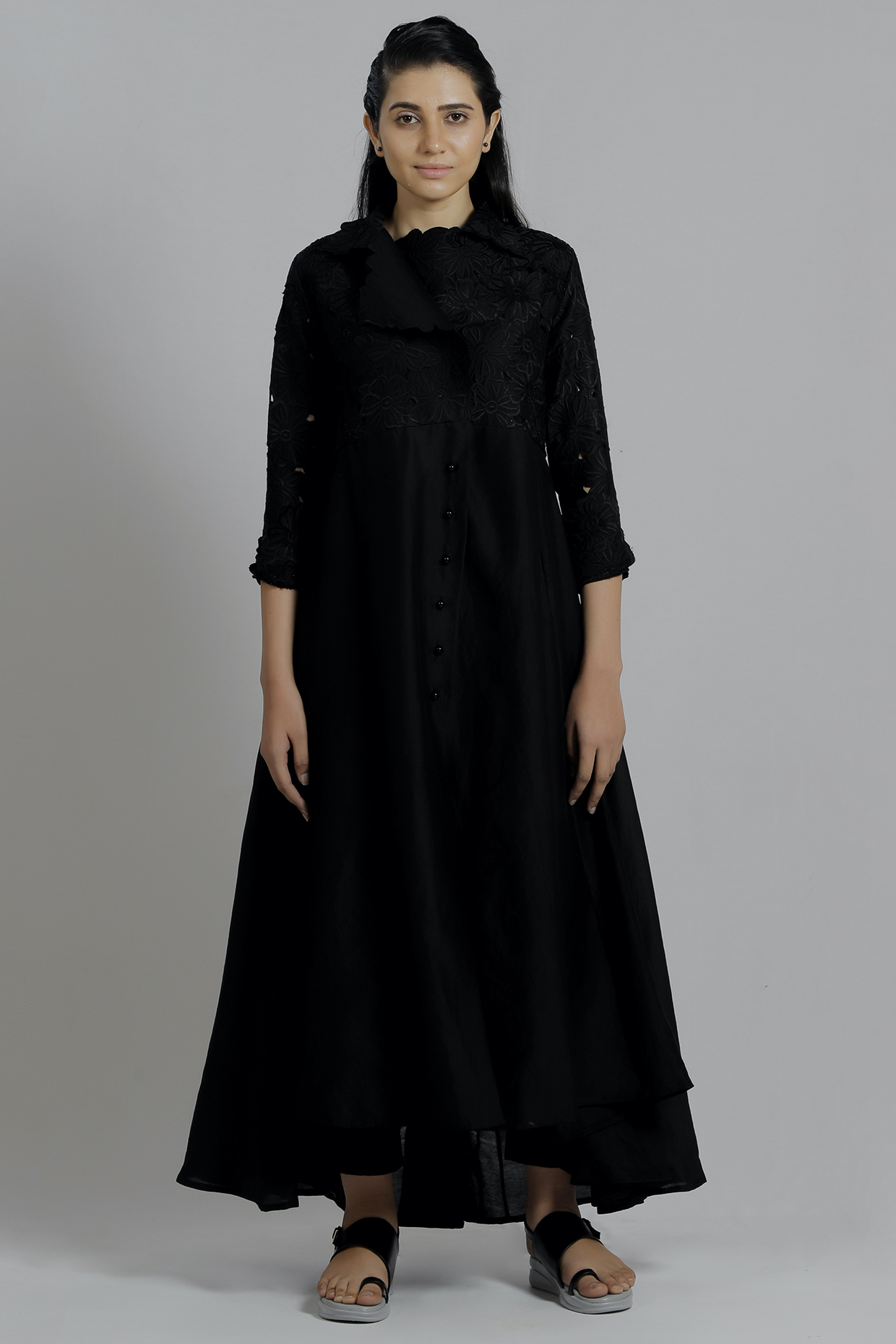 Black Thread Embroidered Multi-Paneled Trench Coat Dress by DHI