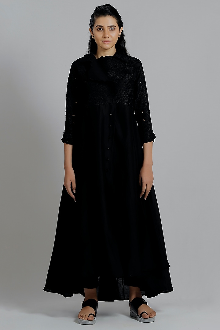 Black Thread Embroidered Multi-Paneled Trench Coat Dress by DHI