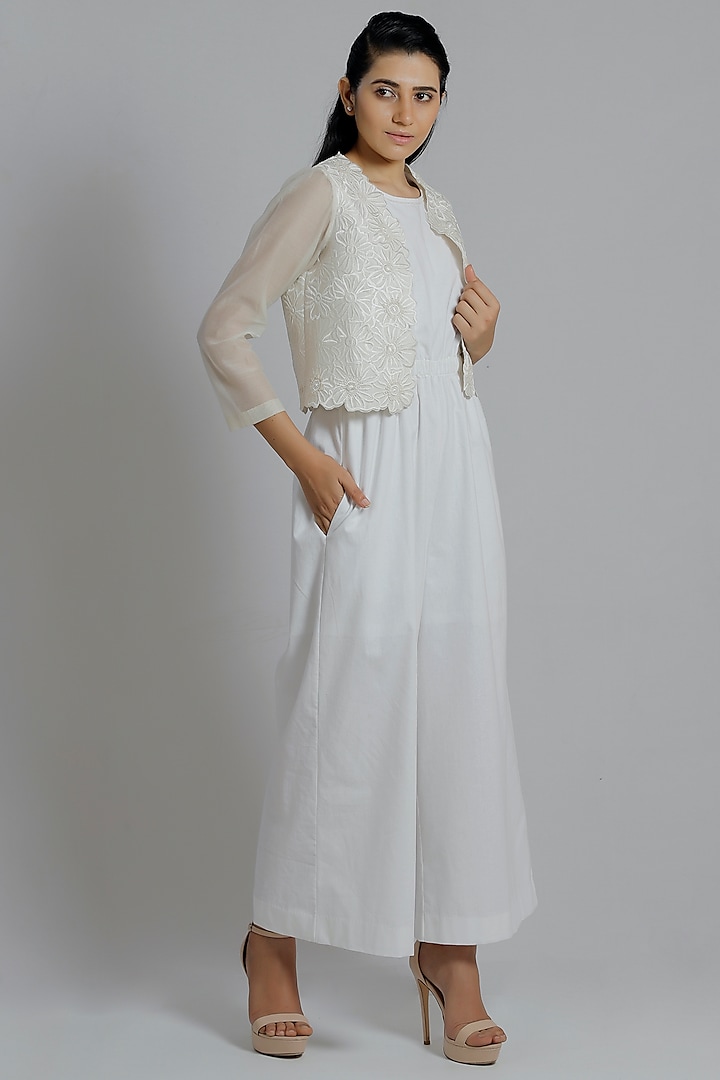 White Thread Embroidered Shrug by DHI