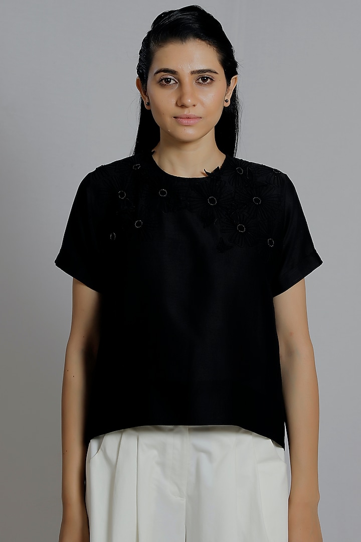 Black Thread Embroidered T-Shirt by DHI