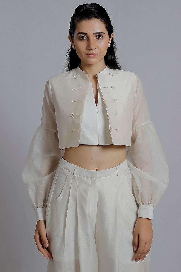 White Loop Thread Embroidered Shrug by DHI